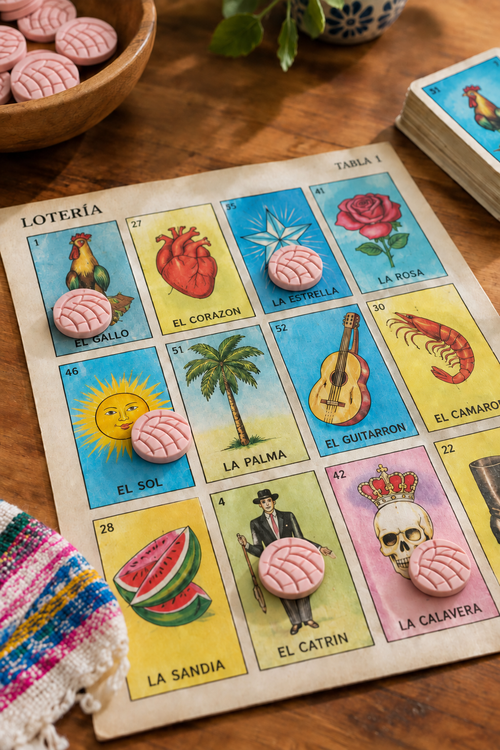 Fichas rosas de concha usadas como marcadores sobre una tabla de lotería mexicana