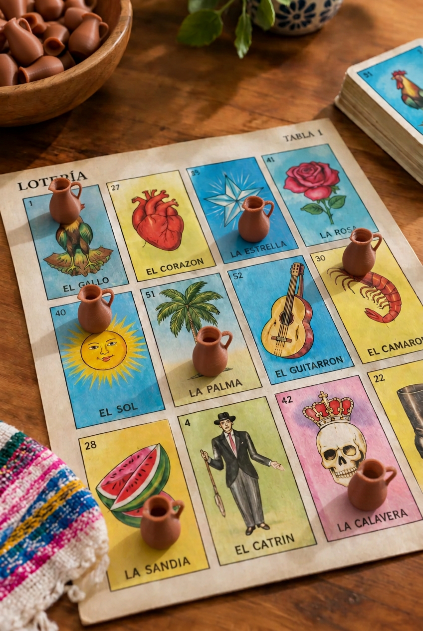 Fichas de lotería 3D en forma de jarritos cafés sobre una tabla de lotería mexicana