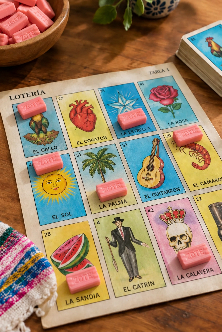 Tabla de lotería mexicana de 4 por 4 con fichas rosas de jabón Zote